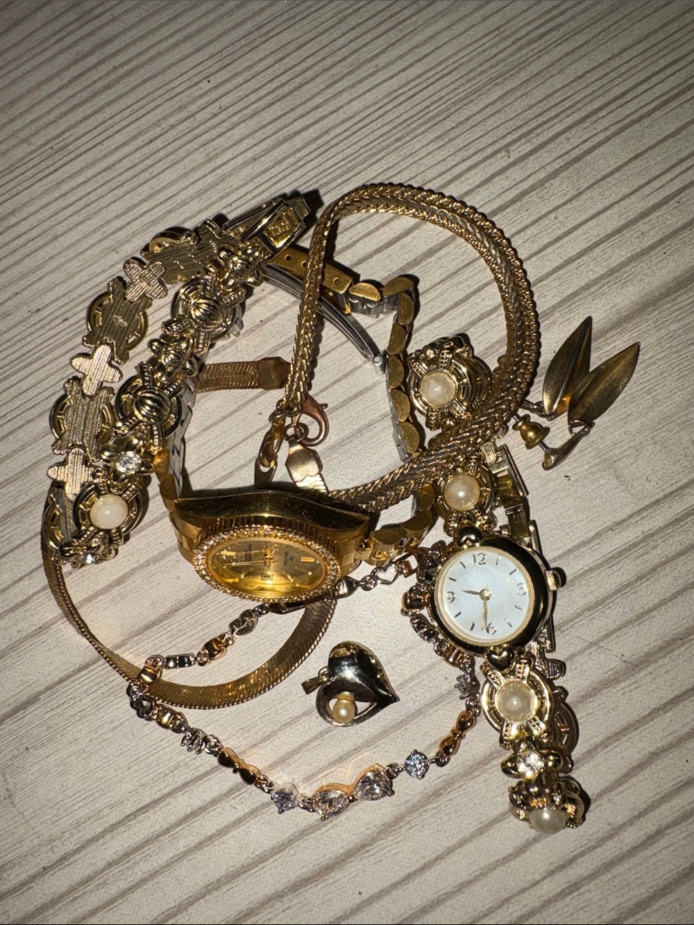 Gold-Tone JewelryLot- Pearl Accents, Diamond Accents, Earrings, Pendant